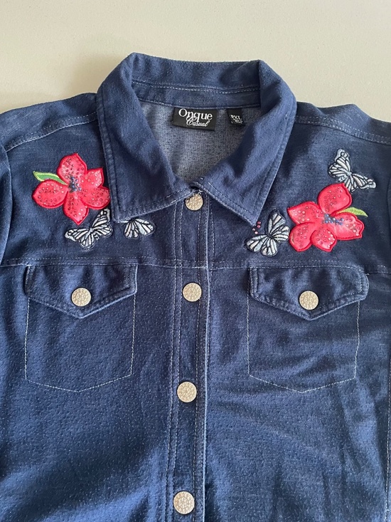 Jackets & Blazers - Embroidered Bedazzled Floral and Butterfly Knit "Denim" Granny Jacket– size XL